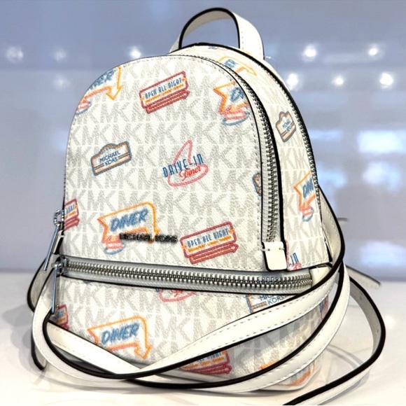 Michael Kors Rhea Extra-Small Printed Signature Logo Backpack Optic White - Picture 3 of 10